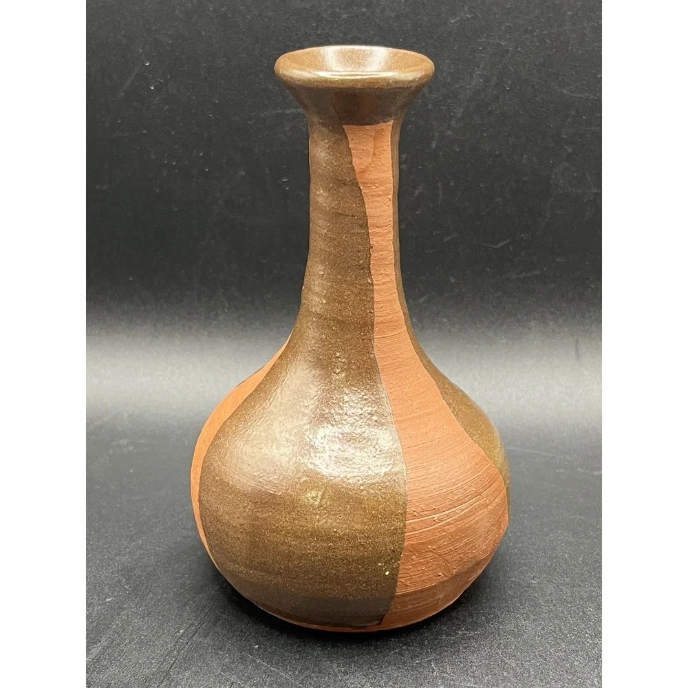 Vtg‎ Handmade Bud Vase - Brown and Red Art Pottery - Signed By Artist - 5